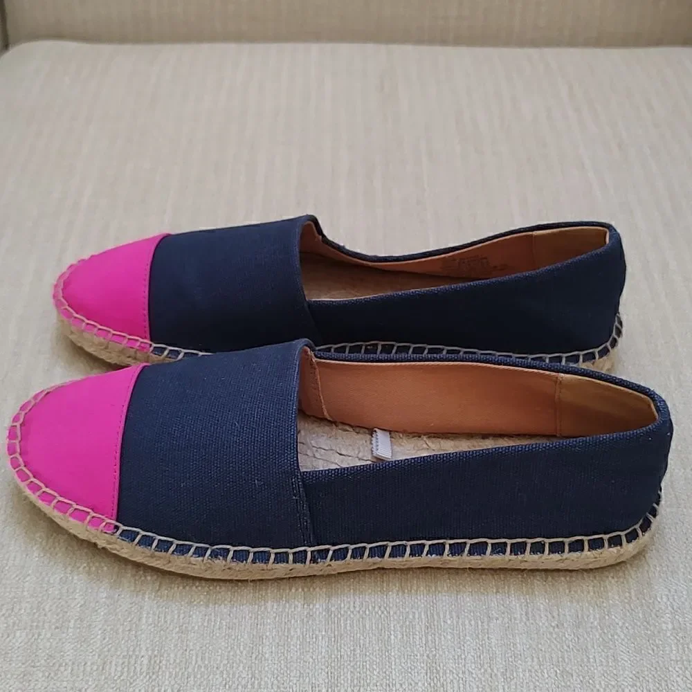 J. Crew Navy Blue Canvas Slip On Espadrilles Flats with Pink Cap Toe Size 6